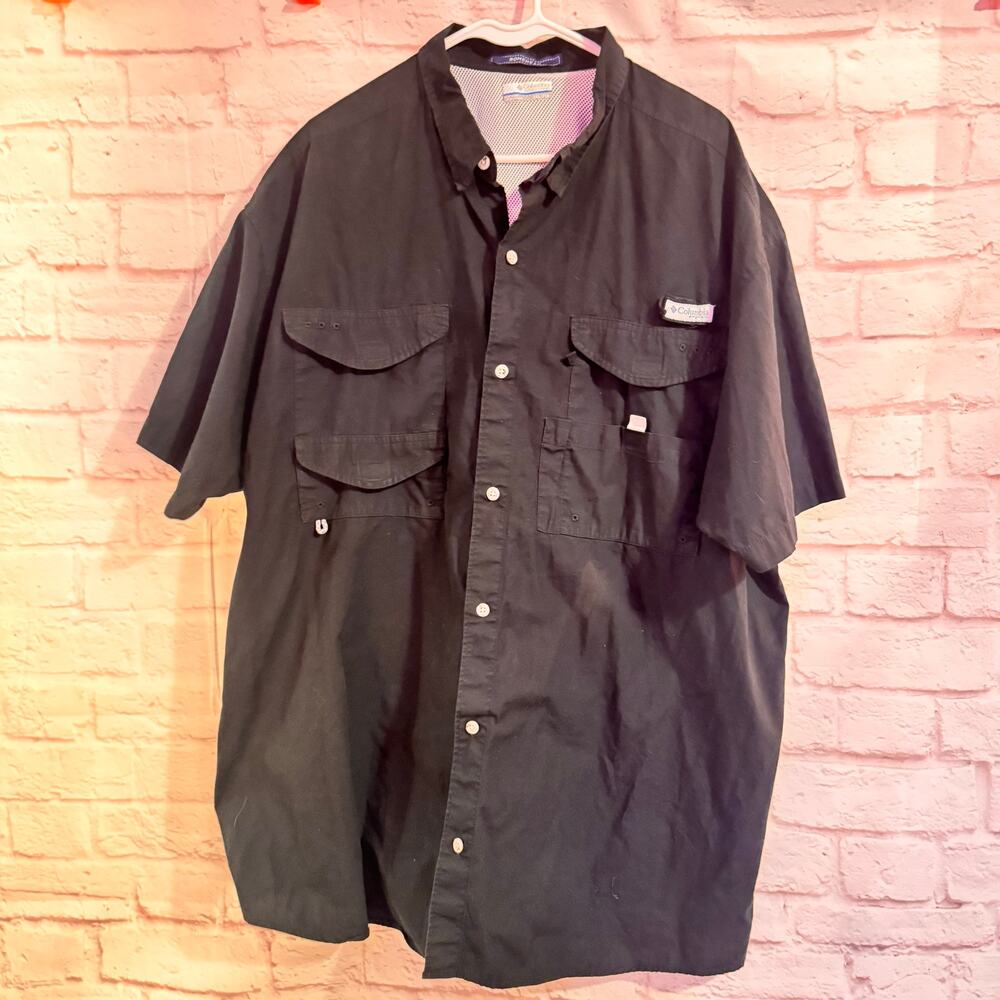 COLUMBIA PFG Sz XXL Black short sleeve button up shirt 35” length